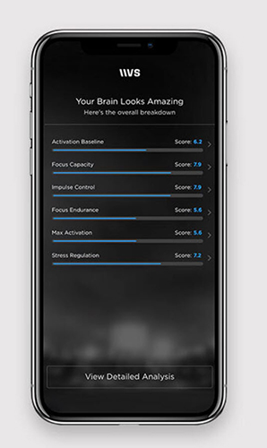 Smartphone showing the Versus NeuroPerformance Assessment results screen, with scores for activation baseline, focus capacity, impulse control, focus endurance, max activation, and stress regulation